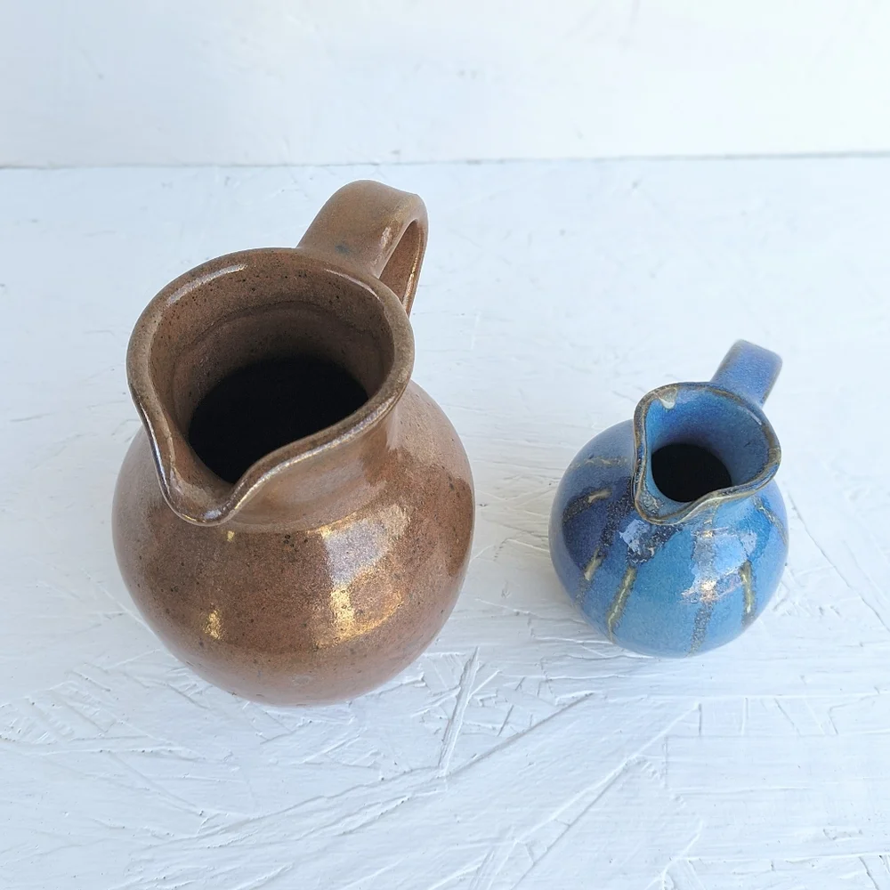 VINTAGE Ceramic Vases Blue & Brown Signed By Artist 1996 Set Of 2